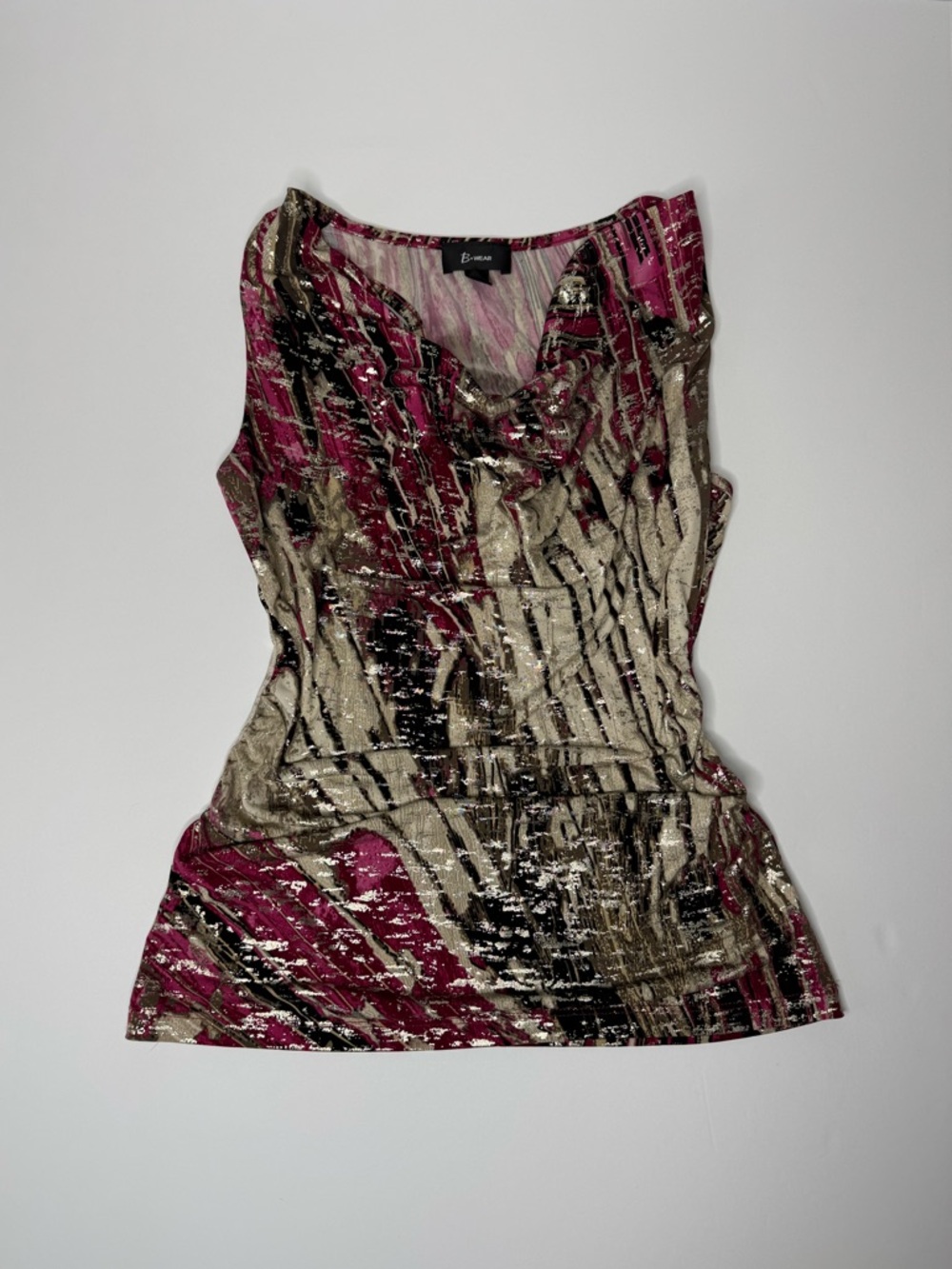 B Wear Y2K Medium Abstract Print Cowl Tank Top Pink Black Sleeveless Blouse